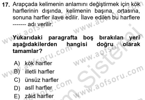Osmanlı Türkçesi 1 Dersi 2023 - 2024 Yılı (Final) Dönem Sonu Sınav Soruları 17. Soru