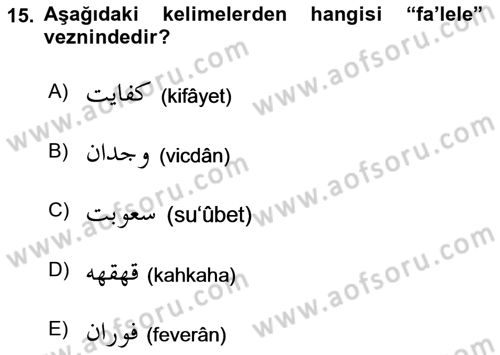 Osmanlı Türkçesi 1 Dersi 2023 - 2024 Yılı Yaz Okulu Sınavı 15. Soru