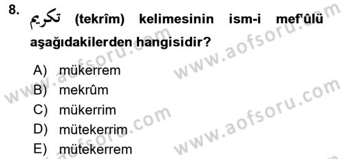 Osmanlı Türkçesi 1 Dersi 2023 - 2024 Yılı Yaz Okulu Sınavı 8. Soru