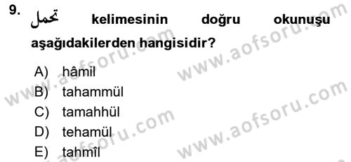 Osmanlı Türkçesi 1 Dersi 2023 - 2024 Yılı Yaz Okulu Sınavı 9. Soru