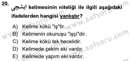 Osmanlı Türkçesi 1 Dersi 2024 - 2025 Yılı (Vize) Ara Sınav Soruları 20. Soru