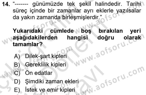 Osmanlı Türkçesi 1 Dersi 2024 - 2025 Yılı (Final) Dönem Sonu Sınav Soruları 14. Soru