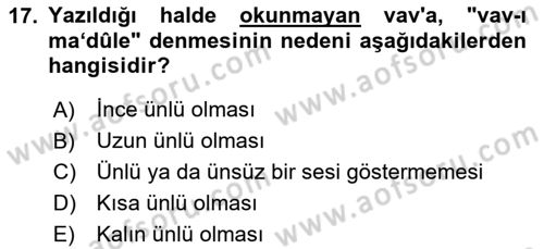 Osmanlı Türkçesi 1 Dersi 2024 - 2025 Yılı (Final) Dönem Sonu Sınav Soruları 17. Soru