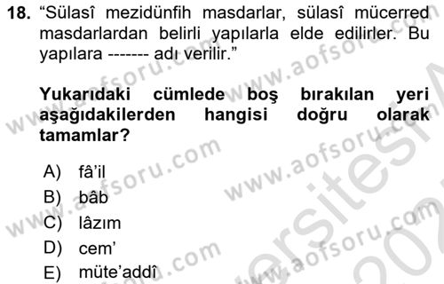 Osmanlı Türkçesi 1 Dersi 2024 - 2025 Yılı (Final) Dönem Sonu Sınav Soruları 18. Soru
