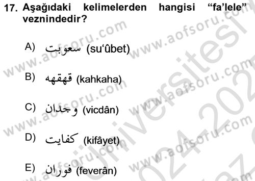 Osmanlı Türkçesi 1 Dersi 2024 - 2025 Yılı Yaz Okulu Sınav Soruları 17. Soru