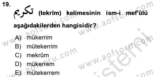 Osmanlı Türkçesi 1 Dersi 2024 - 2025 Yılı Yaz Okulu Sınav Soruları 19. Soru