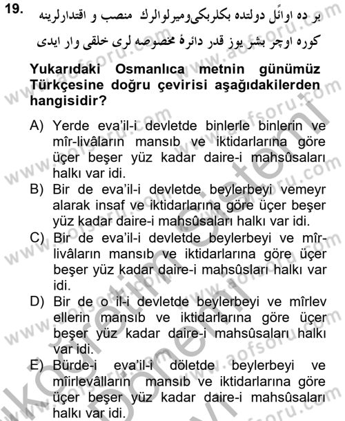 Osmanlı Türkçesi 2 Dersi 2012 - 2013 Yılı (Final) Dönem Sonu Sınav Soruları 19. Soru