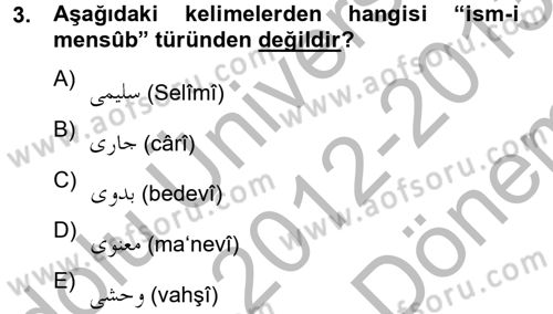 Osmanlı Türkçesi 2 Dersi 2012 - 2013 Yılı (Final) Dönem Sonu Sınav Soruları 3. Soru