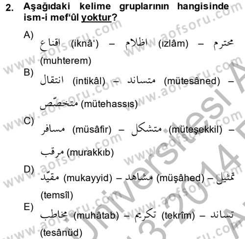 Osmanlı Türkçesi 2 Dersi 2013 - 2014 Yılı (Vize) Ara Sınav Soruları 2. Soru