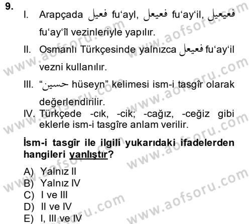 Osmanlı Türkçesi 2 Dersi 2014 - 2015 Yılı (Vize) Ara Sınav Soruları 9. Soru
