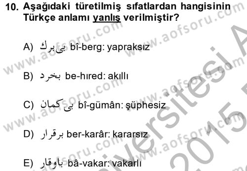 Osmanlı Türkçesi 2 Dersi 2014 - 2015 Yılı (Final) Dönem Sonu Sınav Soruları 10. Soru