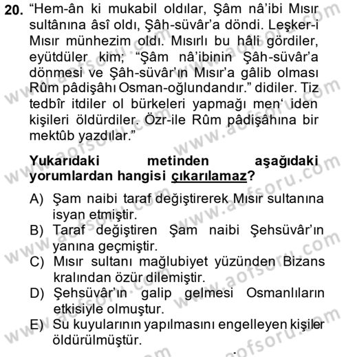 Osmanlı Türkçesi 2 Dersi 2014 - 2015 Yılı (Final) Dönem Sonu Sınav Soruları 20. Soru