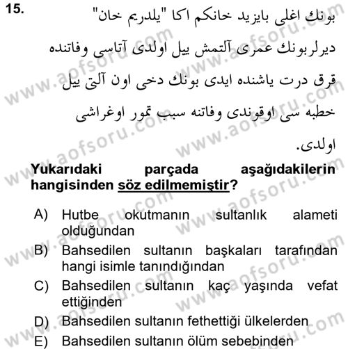 Osmanlı Türkçesi 2 Dersi 2015 - 2016 Yılı (Final) Dönem Sonu Sınav Soruları 15. Soru