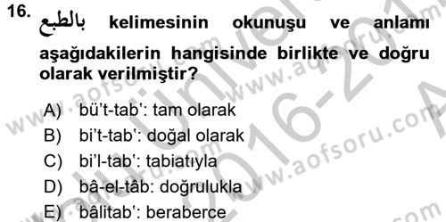 Osmanlı Türkçesi 2 Dersi 2016 - 2017 Yılı (Vize) Ara Sınav Soruları 16. Soru