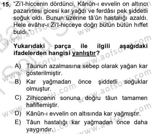 Osmanlı Türkçesi 2 Dersi 2016 - 2017 Yılı (Final) Dönem Sonu Sınav Soruları 15. Soru