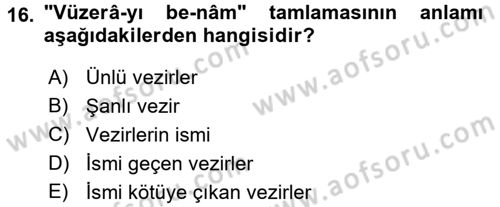 Osmanlı Türkçesi 2 Dersi 2016 - 2017 Yılı (Final) Dönem Sonu Sınavı 16. Soru