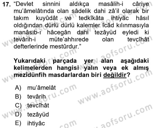 Osmanlı Türkçesi 2 Dersi 2016 - 2017 Yılı (Final) Dönem Sonu Sınav Soruları 17. Soru