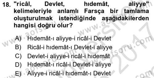 Osmanlı Türkçesi 2 Dersi 2016 - 2017 Yılı (Final) Dönem Sonu Sınav Soruları 18. Soru