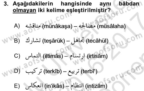 Osmanlı Türkçesi 2 Dersi 2016 - 2017 Yılı (Final) Dönem Sonu Sınavı 3. Soru