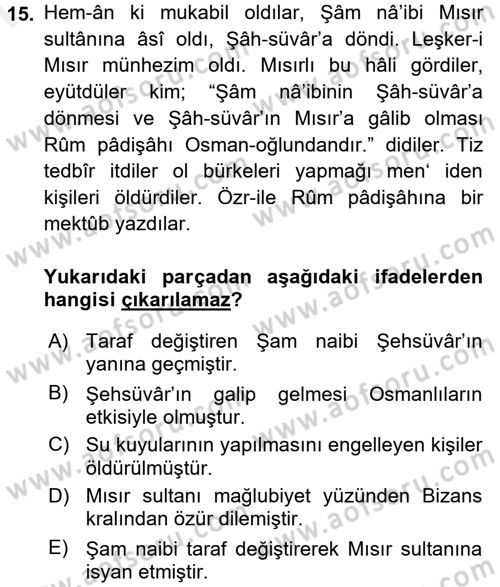 Osmanlı Türkçesi 2 Dersi 2017 - 2018 Yılı (Final) Dönem Sonu Sınav Soruları 15. Soru