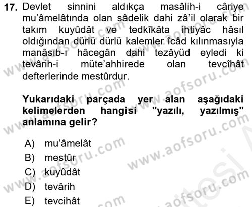 Osmanlı Türkçesi 2 Dersi 2017 - 2018 Yılı (Final) Dönem Sonu Sınav Soruları 17. Soru