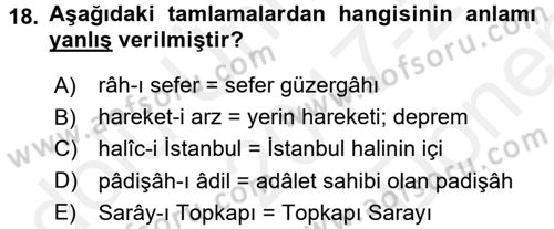 Osmanlı Türkçesi 2 Dersi 2017 - 2018 Yılı (Final) Dönem Sonu Sınav Soruları 18. Soru