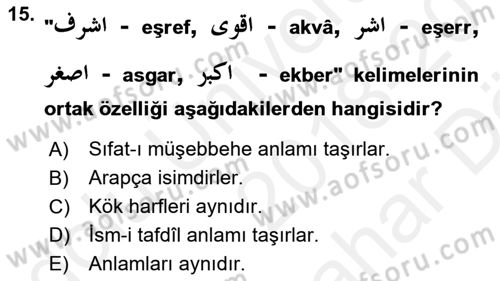 Osmanlı Türkçesi 2 Dersi 2018 - 2019 Yılı (Vize) Ara Sınav Soruları 15. Soru