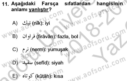Osmanlı Türkçesi 2 Dersi 2018 - 2019 Yılı Yaz Okulu Sınav Soruları 11. Soru