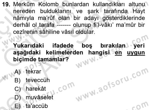 Osmanlı Türkçesi 2 Dersi 2021 - 2022 Yılı (Vize) Ara Sınav Soruları 19. Soru