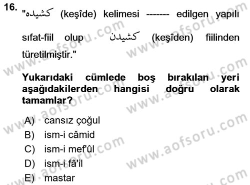 Osmanlı Türkçesi 2 Dersi 2021 - 2022 Yılı (Final) Dönem Sonu Sınav Soruları 16. Soru