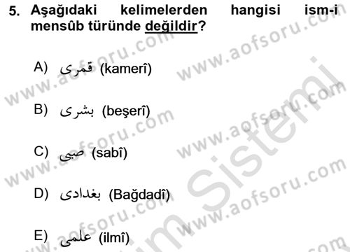 Osmanlı Türkçesi 2 Dersi 2021 - 2022 Yılı (Final) Dönem Sonu Sınav Soruları 5. Soru