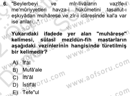 Osmanlı Türkçesi 2 Dersi 2021 - 2022 Yılı (Final) Dönem Sonu Sınav Soruları 6. Soru