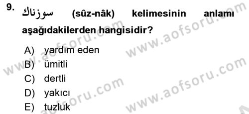 Osmanlı Türkçesi 2 Dersi 2021 - 2022 Yılı (Final) Dönem Sonu Sınav Soruları 9. Soru