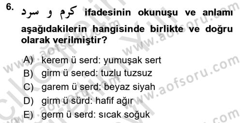 Osmanlı Türkçesi 2 Dersi 2023 - 2024 Yılı Yaz Okulu Sınav Soruları 6. Soru