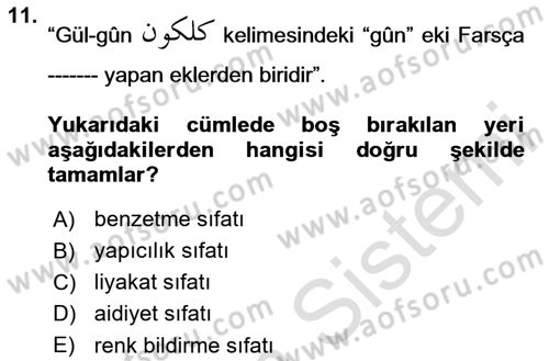 Osmanlı Türkçesi 2 Dersi 2024 - 2025 Yılı (Final) Dönem Sonu Sınav Soruları 11. Soru