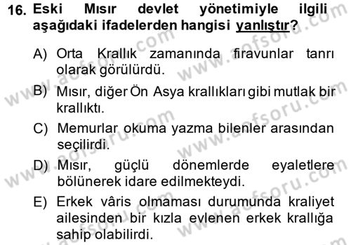 Uygarlık Tarihi 1 Dersi 2014 - 2015 Yılı (Vize) Ara Sınav Soruları 16. Soru