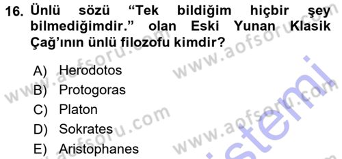 Uygarlık Tarihi 1 Dersi 2015 - 2016 Yılı (Final) Dönem Sonu Sınav Soruları 16. Soru
