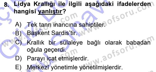 Uygarlık Tarihi 1 Dersi 2015 - 2016 Yılı (Final) Dönem Sonu Sınav Soruları 8. Soru