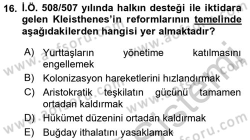 Uygarlık Tarihi 1 Dersi 2016 - 2017 Yılı 3 Ders Sınav Soruları 16. Soru
