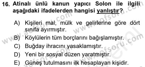 Uygarlık Tarihi 1 Dersi 2016 - 2017 Yılı (Final) Dönem Sonu Sınav Soruları 16. Soru