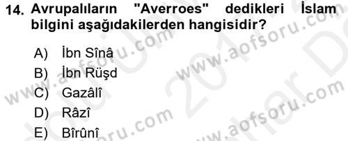 Uygarlık Tarihi 2 Dersi 2017 - 2018 Yılı (Vize) Ara Sınav Soruları 14. Soru
