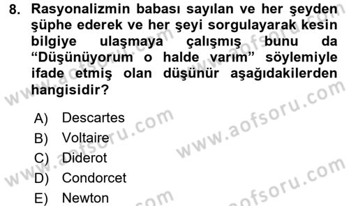 Uygarlık Tarihi 2 Dersi 2017 - 2018 Yılı (Final) Dönem Sonu Sınav Soruları 8. Soru