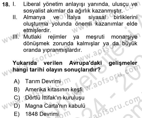 Genel Uygarlık Tarihi Dersi 2024 - 2025 Yılı (Final) Dönem Sonu Sınav Soruları 18. Soru