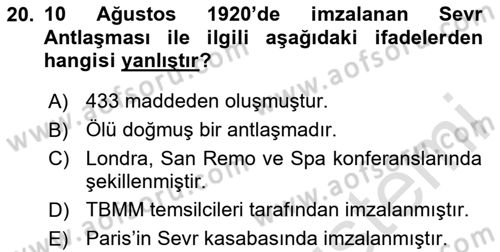 Genel Uygarlık Tarihi Dersi 2025 - 2026 Yılı Yaz Okulu Sınav Soruları 20. Soru