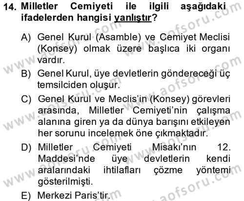 Siyasi Tarih Dersi 2013 - 2014 Yılı (Vize) Ara Sınav Soruları 14. Soru