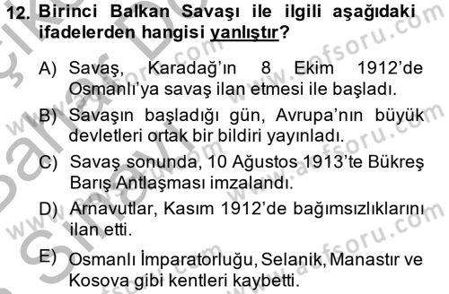 Siyasi Tarih Dersi 2014 - 2015 Yılı (Vize) Ara Sınavı 12. Soru