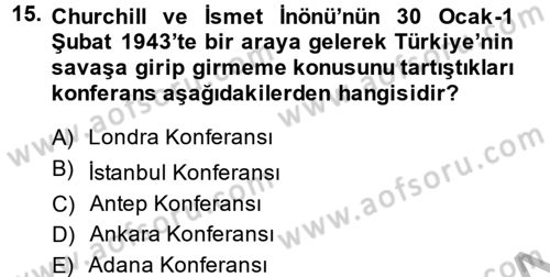 Siyasi Tarih Dersi 2014 - 2015 Yılı (Vize) Ara Sınav Soruları 15. Soru