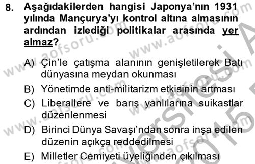 Siyasi Tarih Dersi 2014 - 2015 Yılı (Final) Dönem Sonu Sınav Soruları 8. Soru