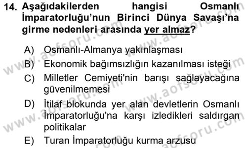 Siyasi Tarih Dersi Ara Sınavı Deneme Sınav Soruları 14. Soru