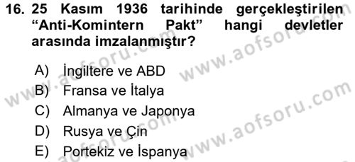 Siyasi Tarih Dersi 2015 - 2016 Yılı (Vize) Ara Sınav Soruları 16. Soru